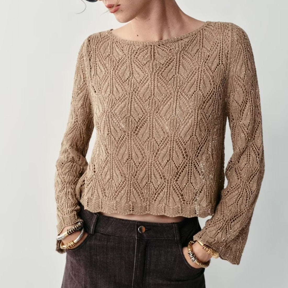 Fall Women Clothing Metal Color Thread Hollow Out Cutout Sweater Sexy