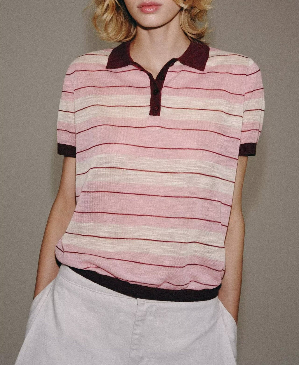 Early Autumn Women Clothing French Lazy Short Sleeve Collared Contrast Color Striped Knitted Polo Shirt