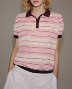Early Autumn Women Clothing French Lazy Short Sleeve Collared Contrast Color Striped Knitted Polo Shirt
