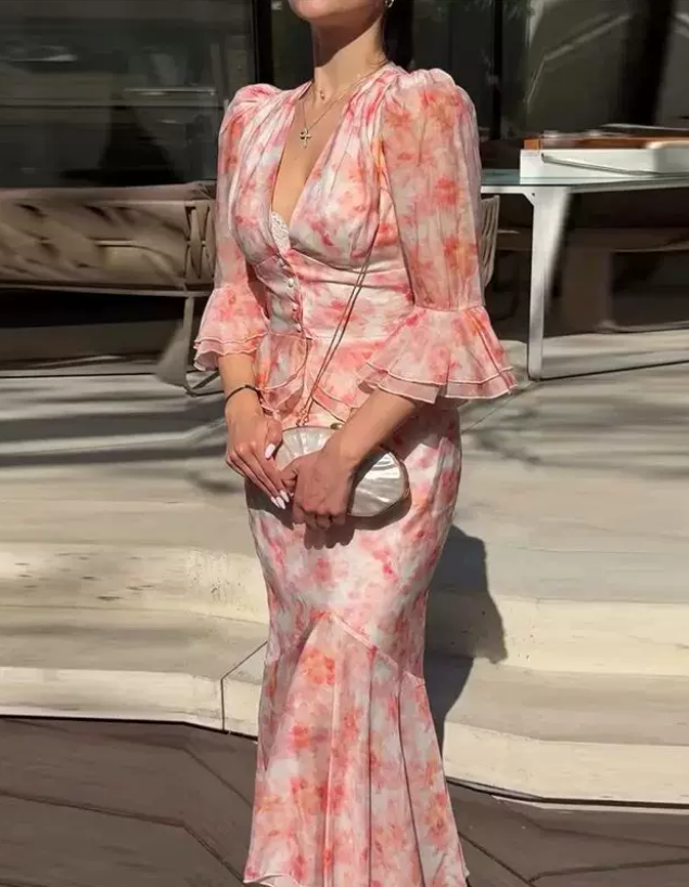 Floral V-Neck Top & Midi Skirt Set