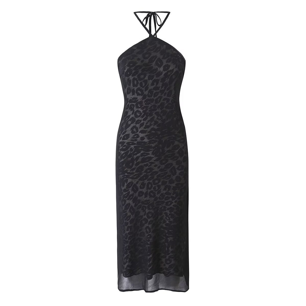 Women's Vintage Leopard Print Halter Spaghetti Straps Dress Women Sexy Big Backless Slim Fit Seaside Holiday Midi Dress