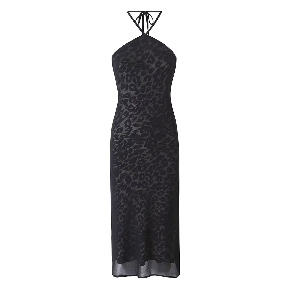 Women's Vintage Leopard Print Halter Spaghetti Straps Dress Women Sexy Big Backless Slim Fit Seaside Holiday Midi Dress