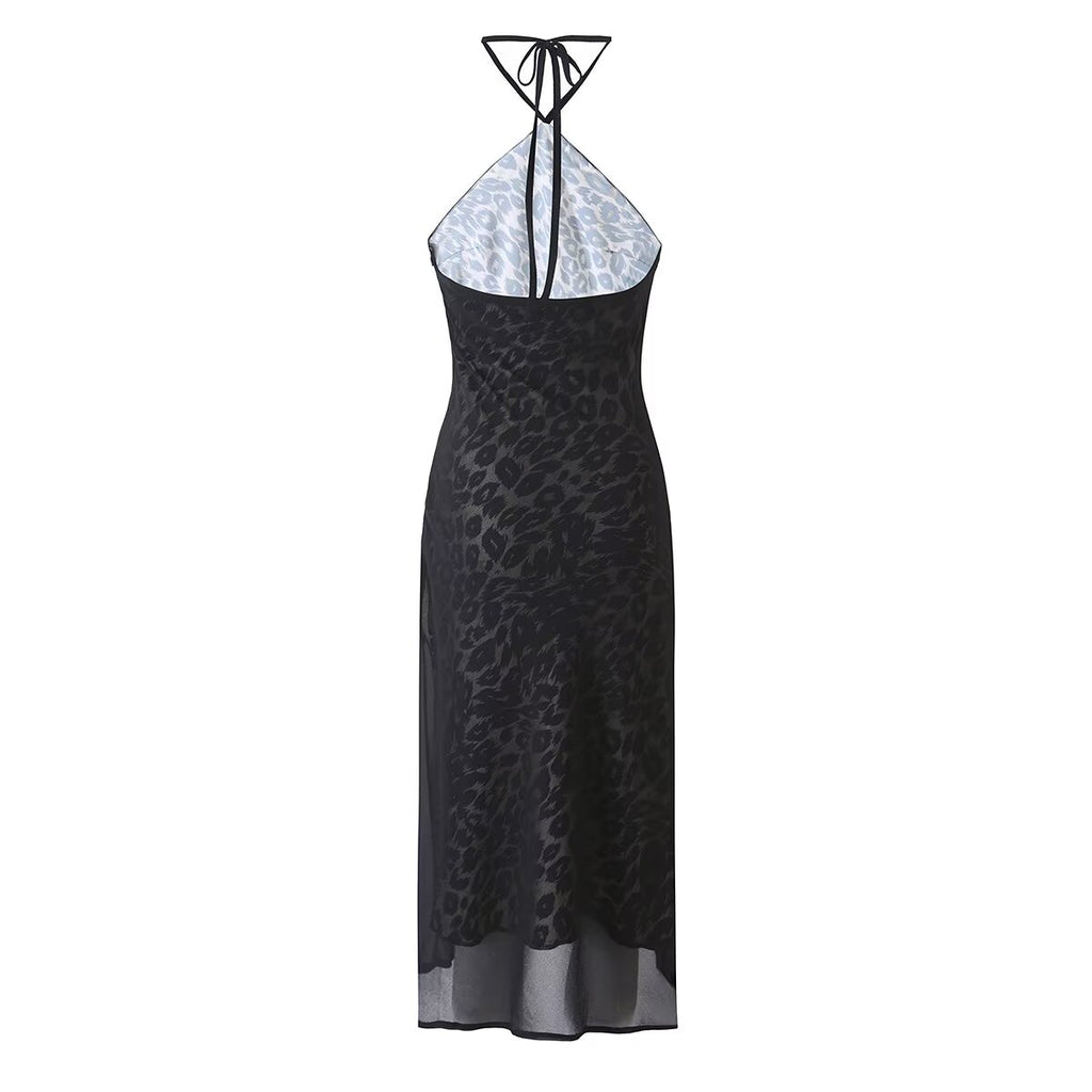 Women's Vintage Leopard Print Halter Spaghetti Straps Dress Women Sexy Big Backless Slim Fit Seaside Holiday Midi Dress