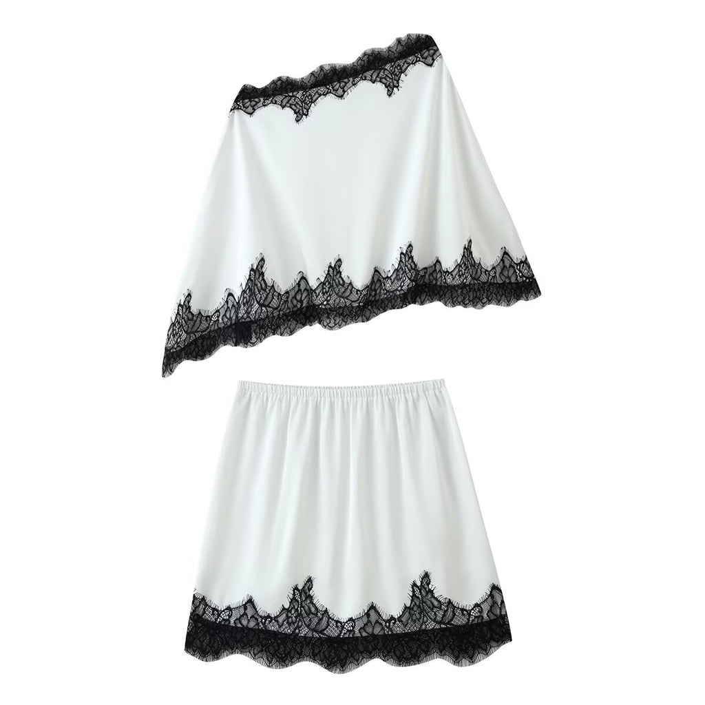 Women's One-Shoulder Lace Top & Mini Skirt Two-Piece Set