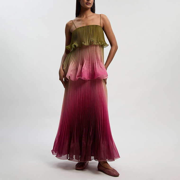 Women's Ombre Ruffle Pleated Cami Maxi Dress