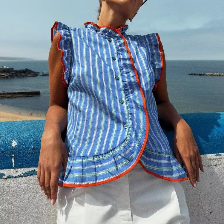 Women Clothing Graceful Fashionable Stand Collar Sleeveless Striped Layered Shirt