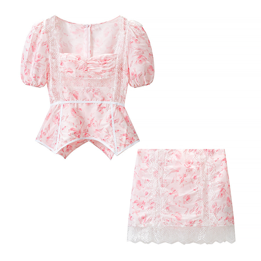 Women's Floral Embroidered Puff-Sleeve Top & Mini Skirt Set