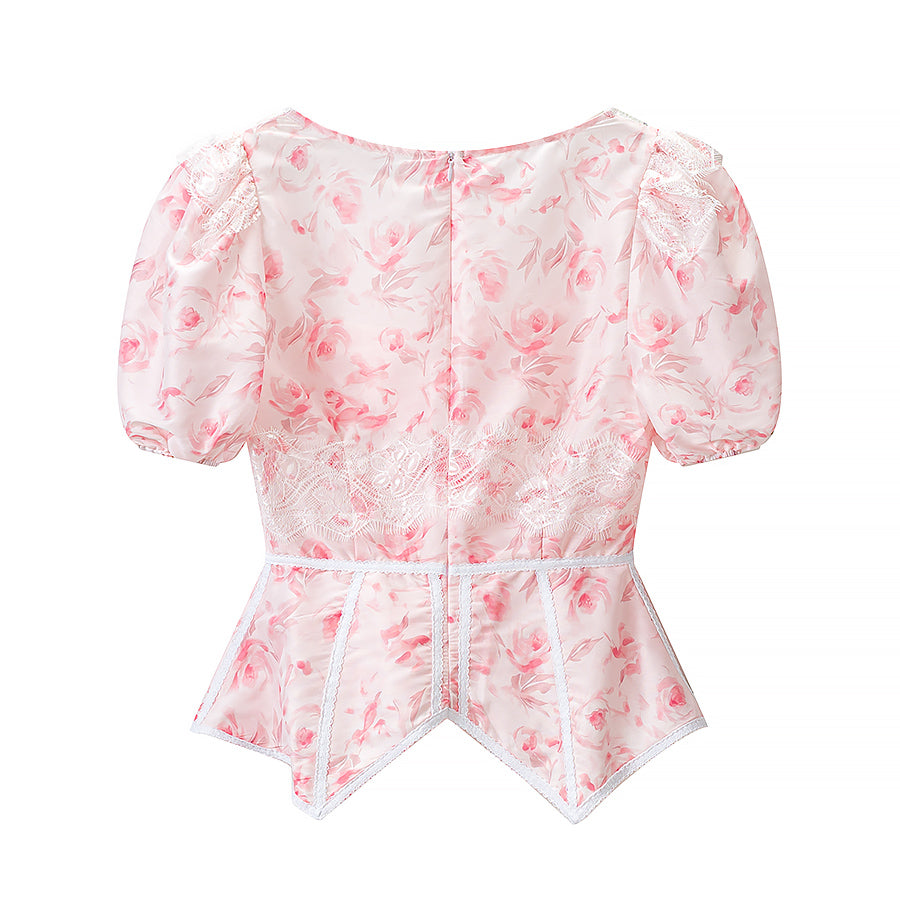 Women's Floral Embroidered Puff-Sleeve Top & Mini Skirt Set