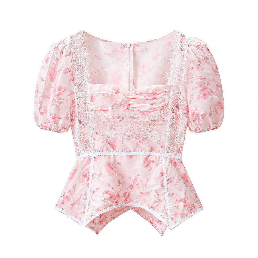 Women's Floral Embroidered Puff-Sleeve Top & Mini Skirt Set