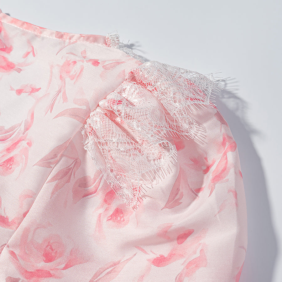 Women's Floral Embroidered Puff-Sleeve Top & Mini Skirt Set
