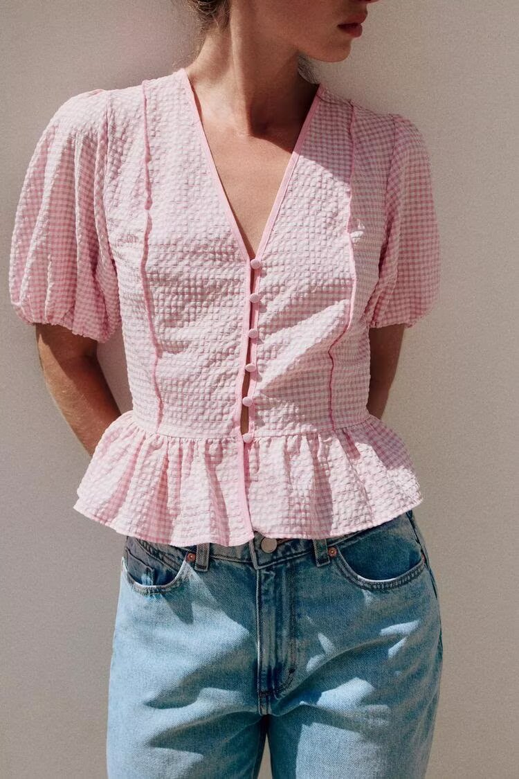 Women's Sweet Girlish Age Reducing Plaid Puff Sleeve Shirt Waist Tight Ruffle Swing Top