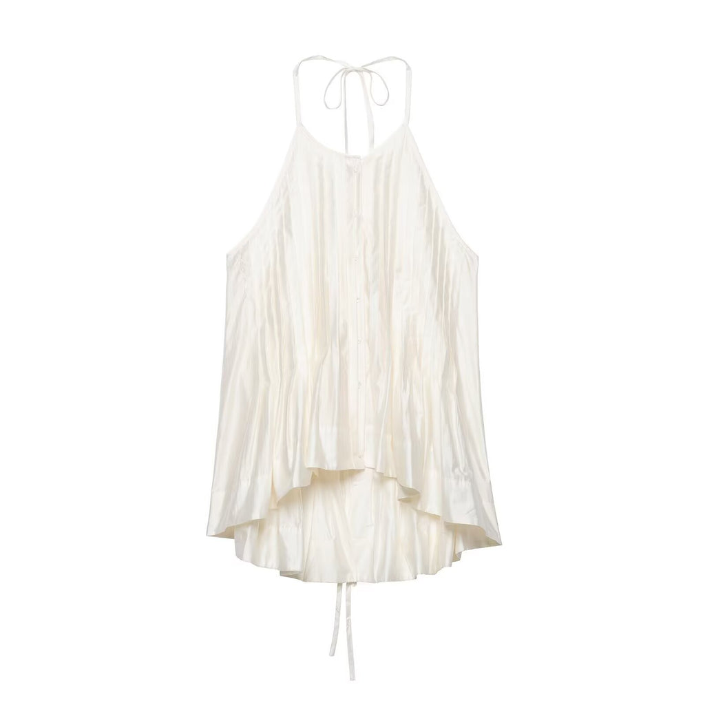 Women Clothing Autumn French Fresh Gentle Tencel Halter Pleated Sling