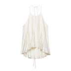 Women Clothing Autumn French Fresh Gentle Tencel Halter Pleated Sling