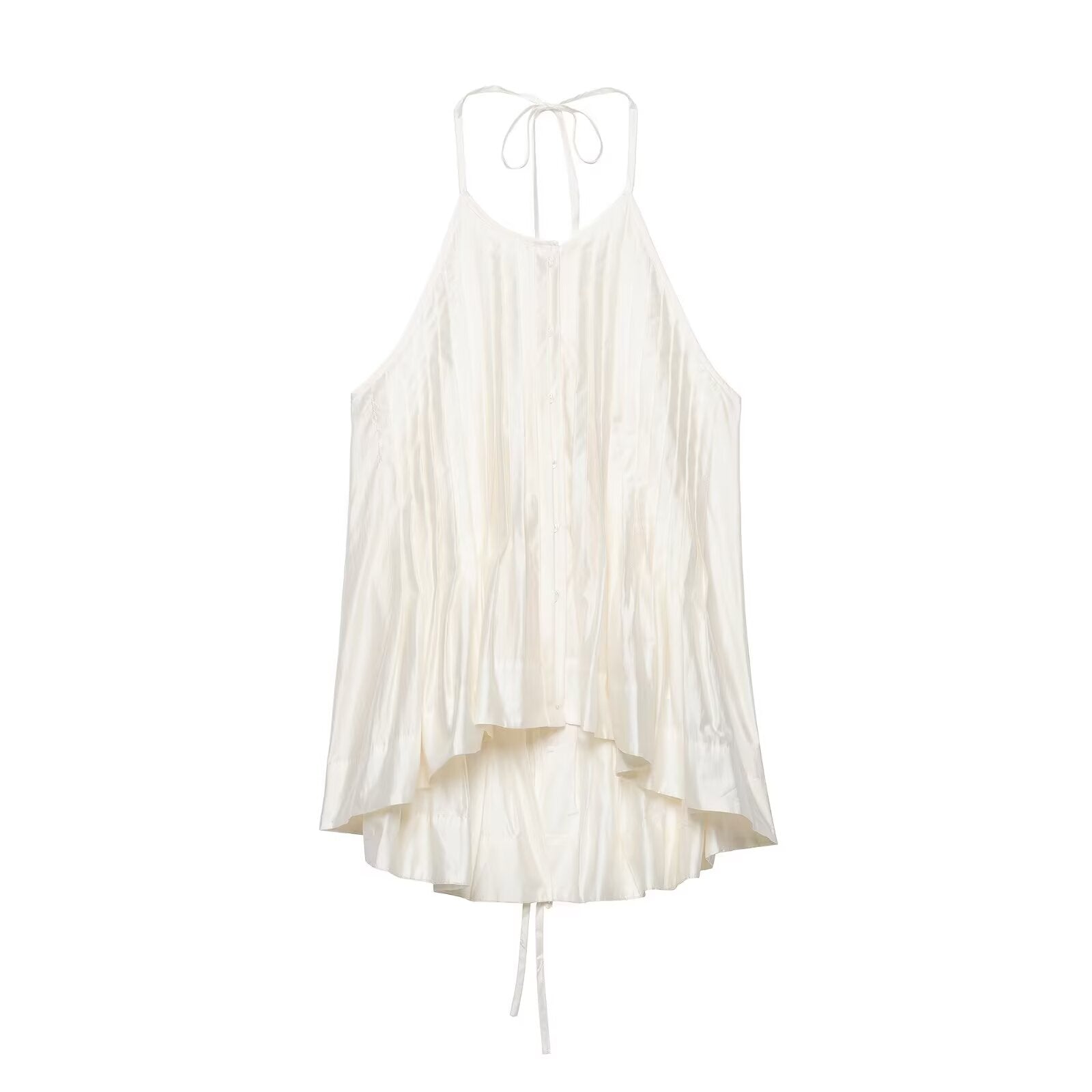 Women Clothing Autumn French Fresh Gentle Tencel Halter Pleated Sling