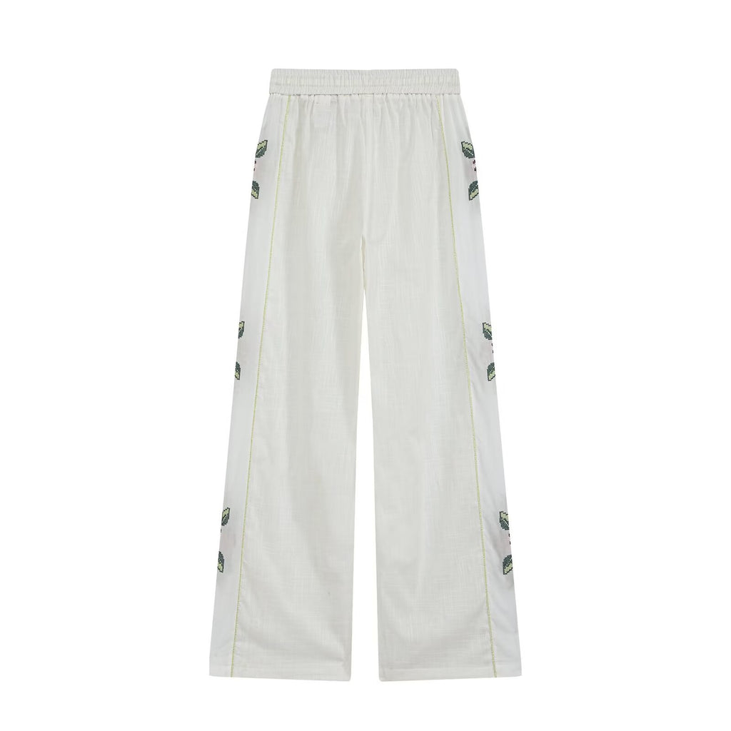 Women's Striped Embroidered Straight-Leg Trousers