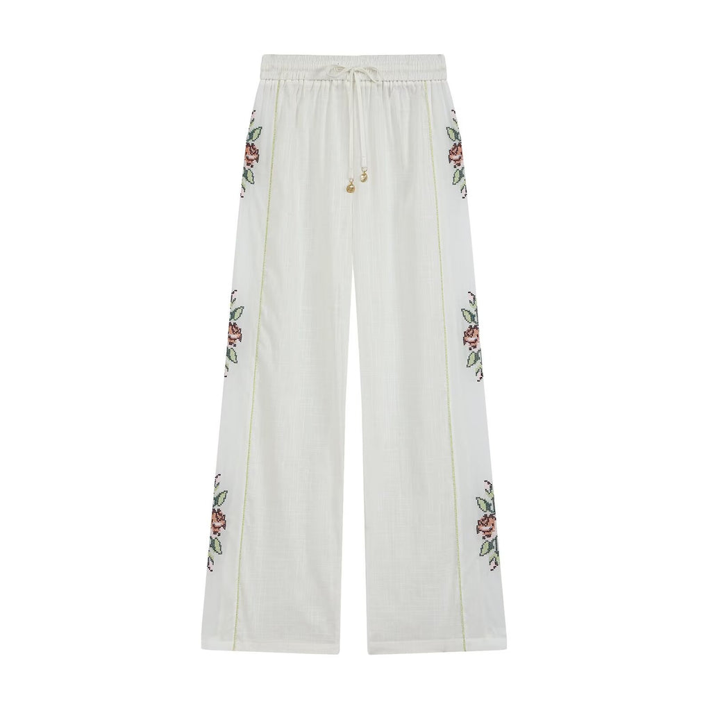 Women's Striped Embroidered Straight-Leg Trousers