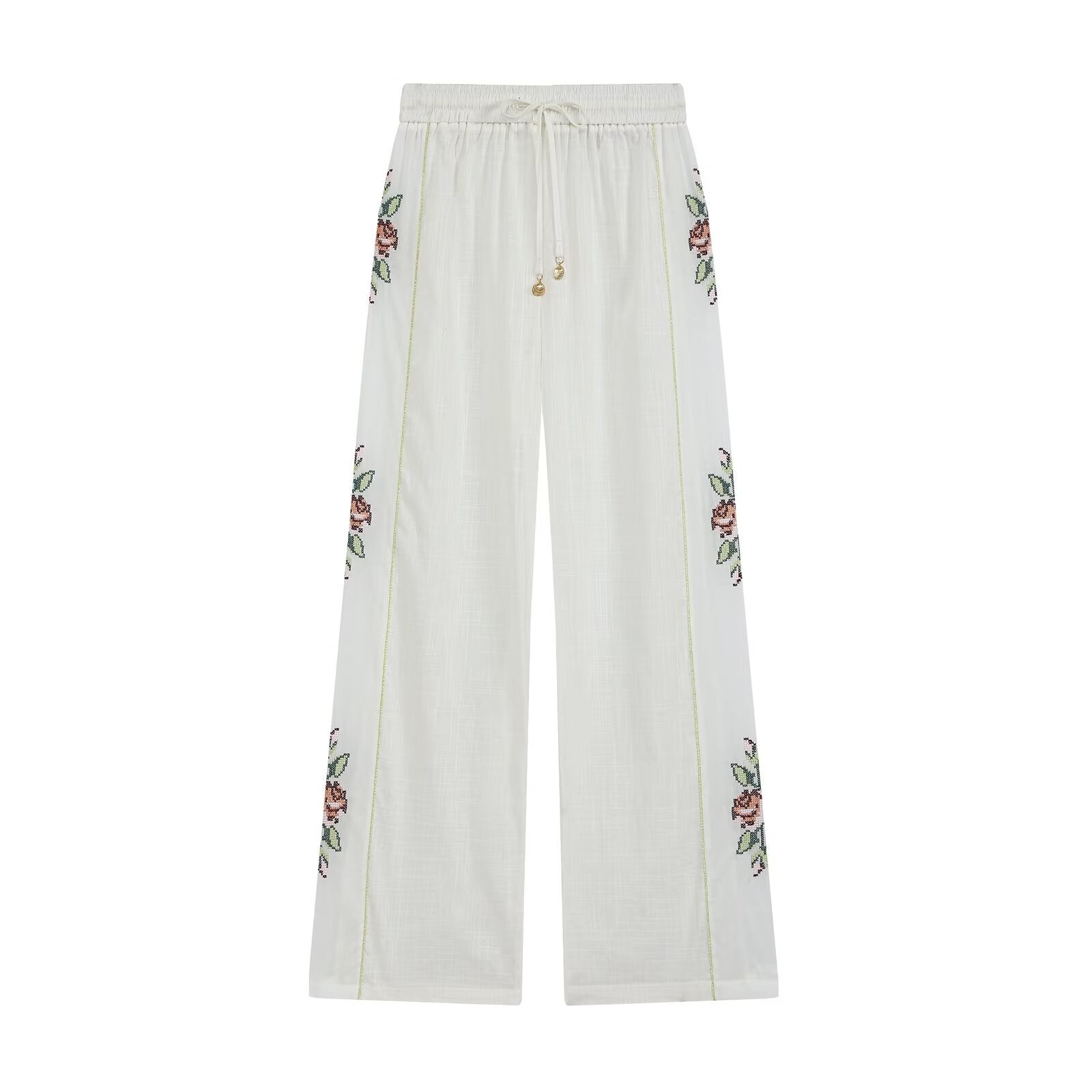 Women's Striped Embroidered Straight-Leg Trousers