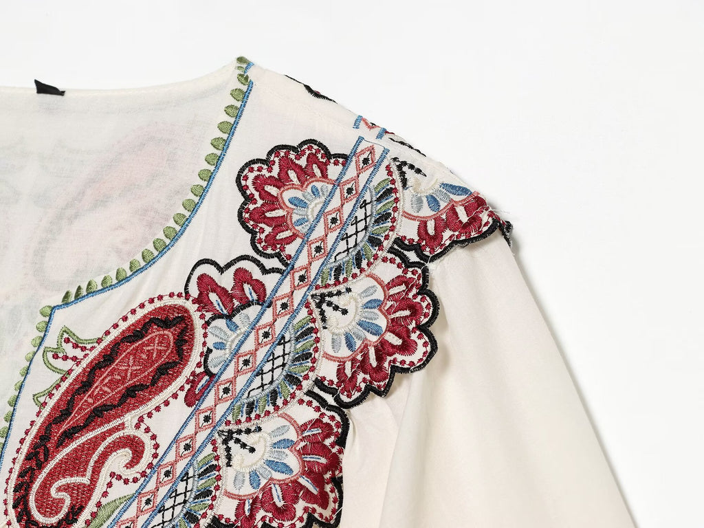 Women's Floral Embroidered V-Neck Midi Dress