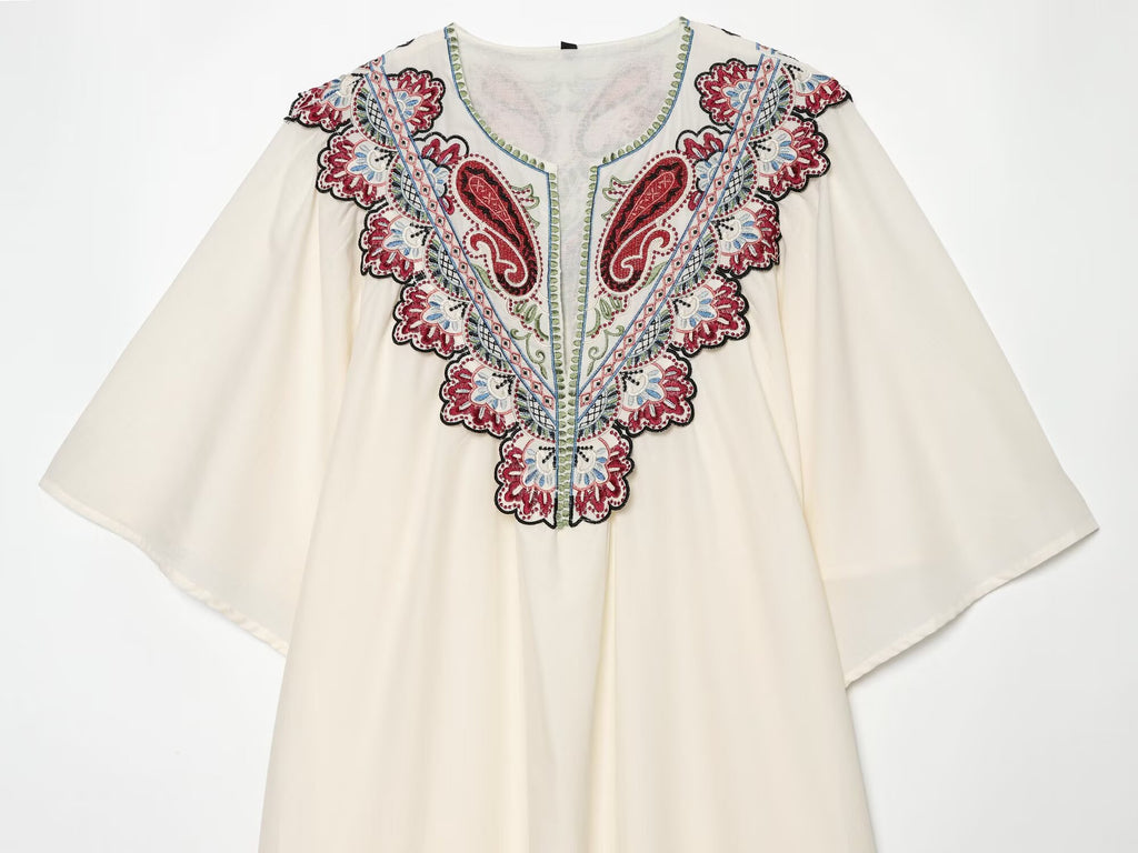 Women's Floral Embroidered V-Neck Midi Dress