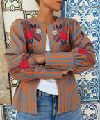 Women's Striped Floral Embroidered Coat