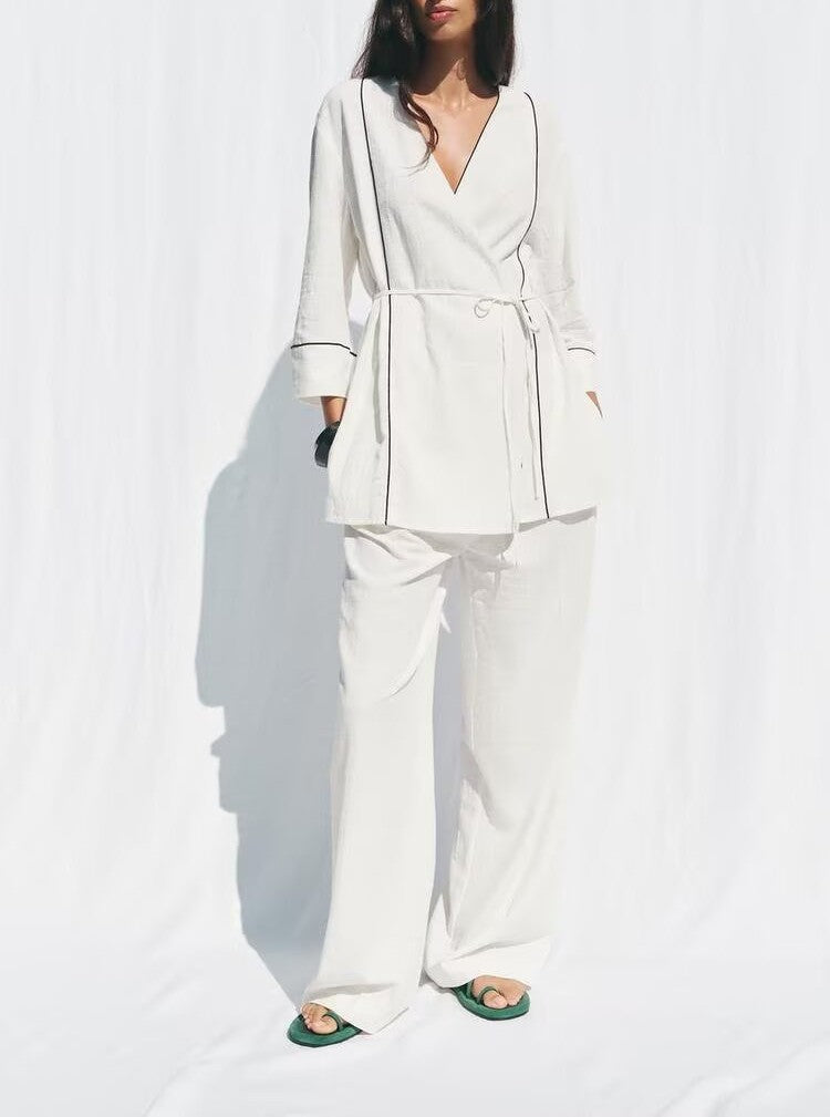 Women's Striped Coat & Wide-Leg Pants Set
