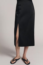 Women's Black Slit Button Midi Skirt