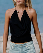 Women Clothing Summer Fashionable Elegant Sexy Metal Ring Halter Spaghetti Straps Vest