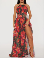Women's Printed Halter Long-Slit Maxi Dress
