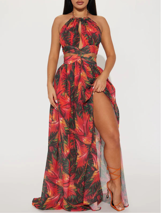 Women's Printed Halter Long-Slit Maxi Dress