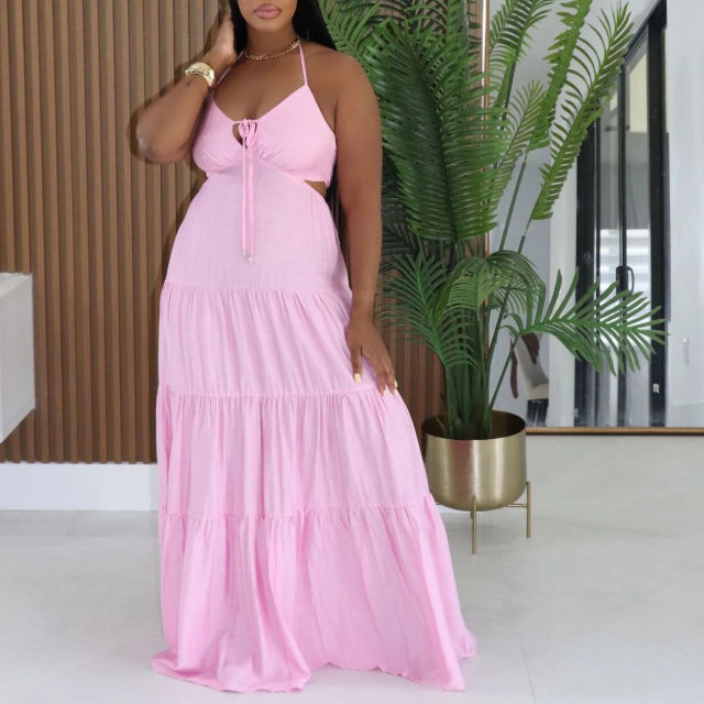 Halter Backless Cutout Tiered Maxi Dress