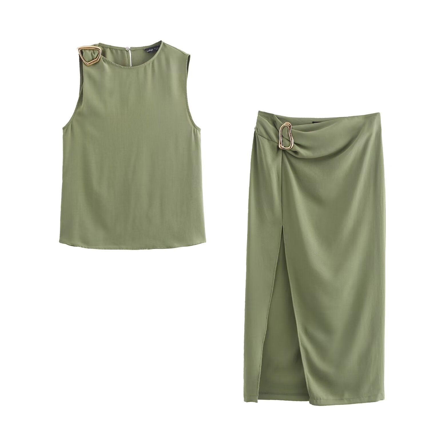 Women's Buckle-Detail Top & Midi Skirt Set