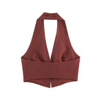 Women Clothing Backless V neck Hanging Collar Short Top