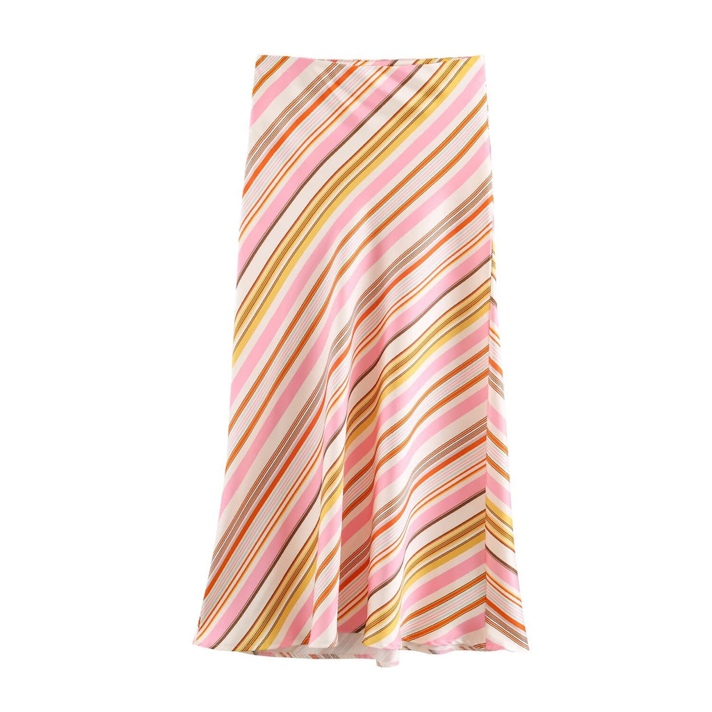 Women's Striped Satin Textured Midi Skirt