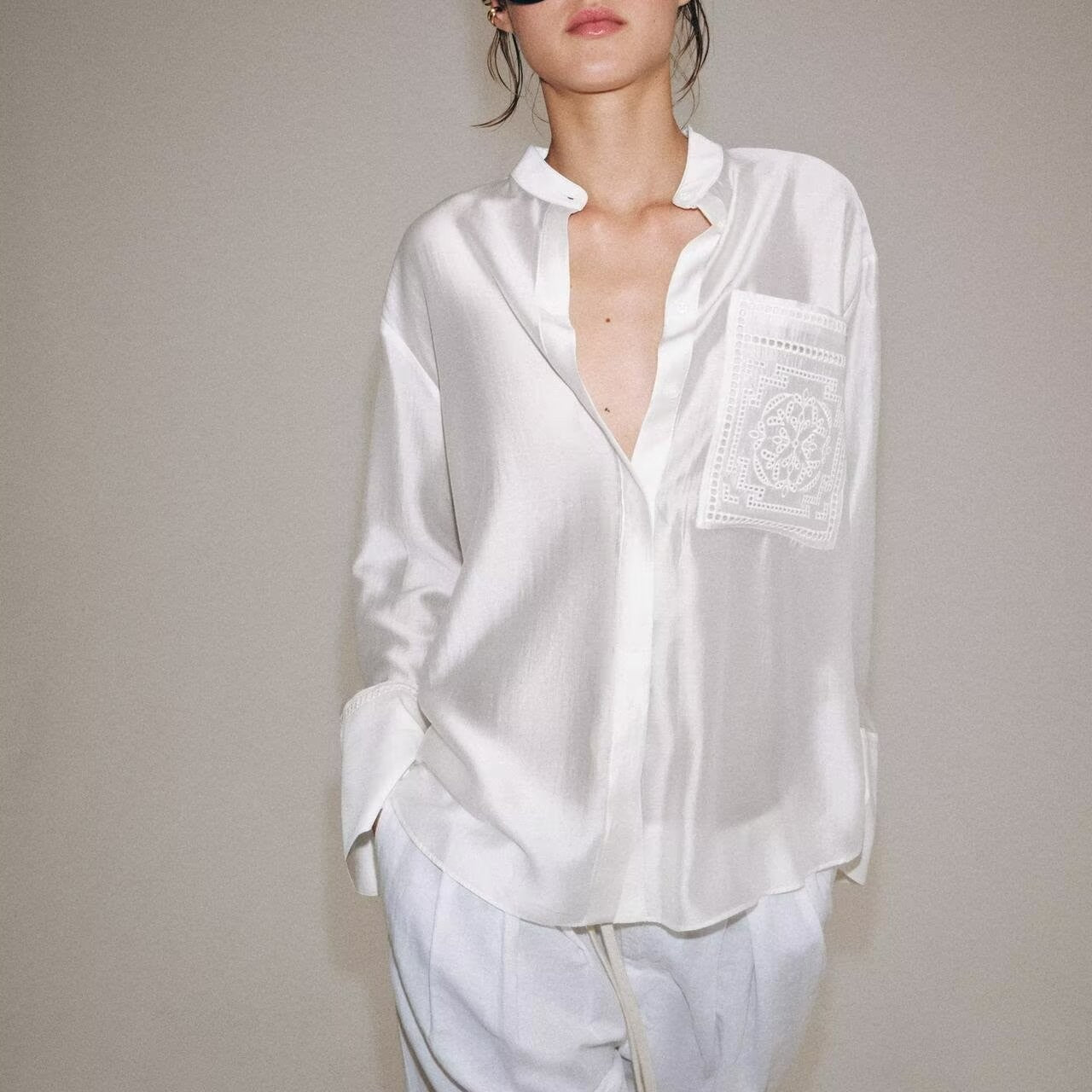 Women's Women Clothing Summer Embroidered Pocket With Stand Collar Long Sleeve Shirt Top