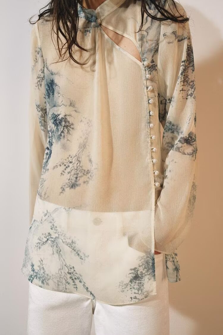 Women Elegant Printed Button Mid Length Shirt Top