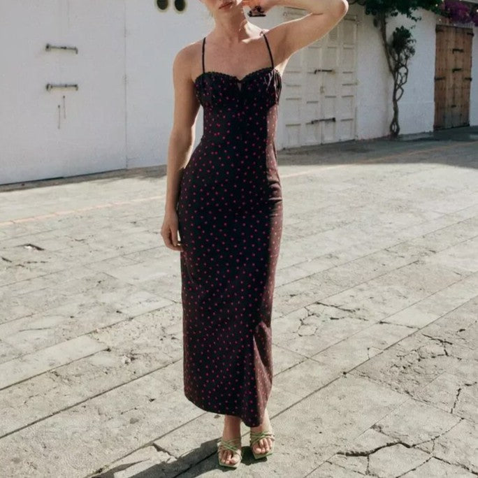 Polka Dot Sweetheart Ruched Midi Dress