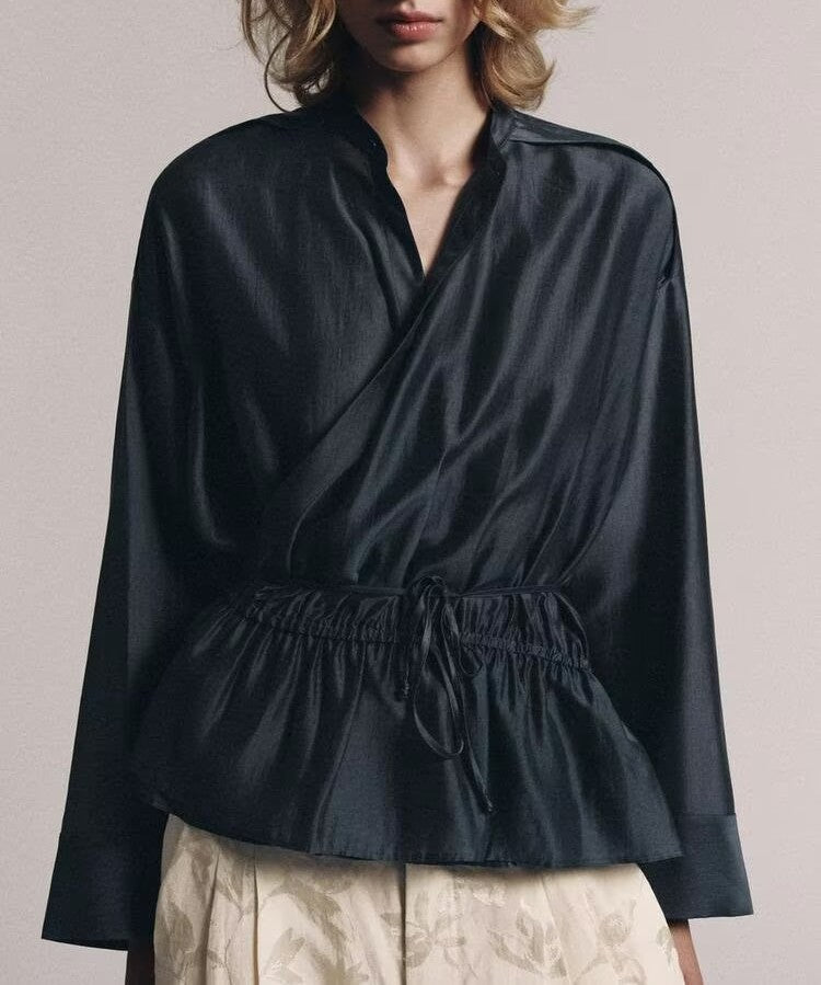 Women's Autumn Women Clothing Fashionable All Match Long Sleeve Round Neck Double Breasted Vertical Shirt Top