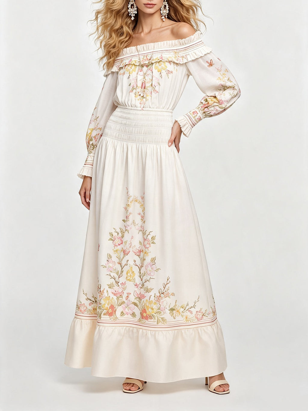 Women's Floral Off-Shoulder Ruched Ruffle Tiered Maxi Dress