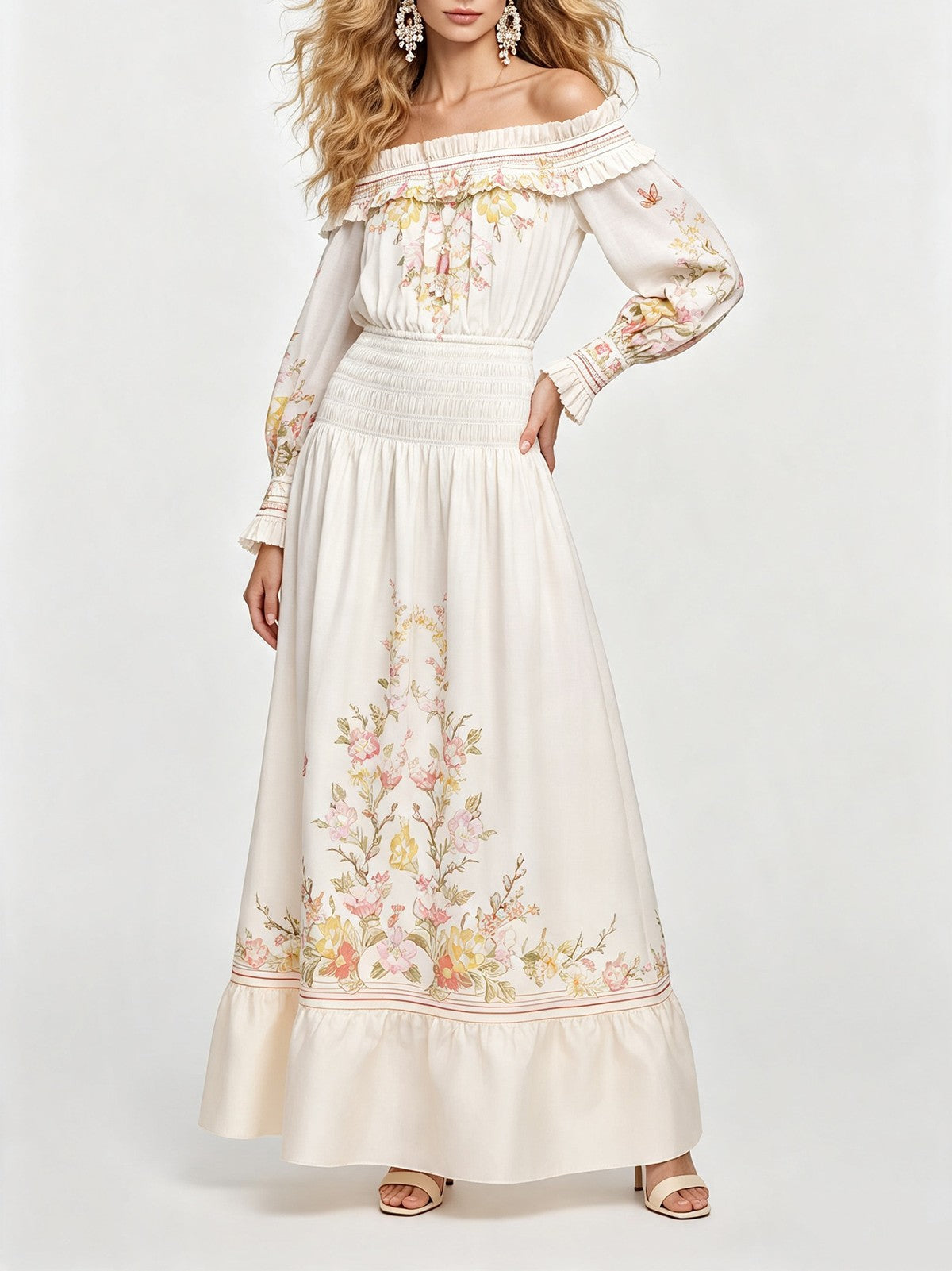 Women's Floral Off-Shoulder Ruched Ruffle Tiered Maxi Dress