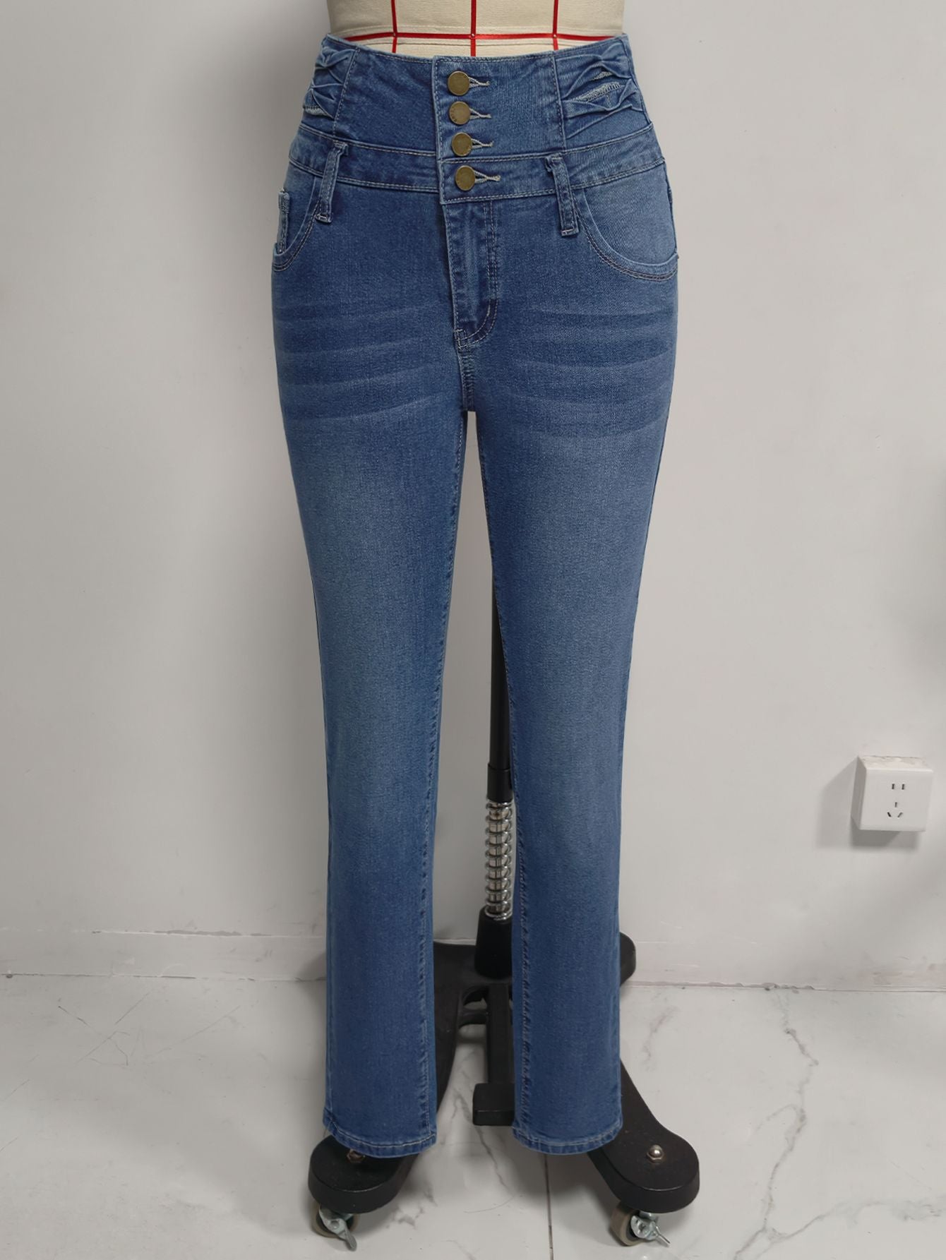 Women's High Waist Breasted Slim Fit Skinny Jeans Women Washed Stretch Pencil Pants Ladies Slimming Denim Trousers