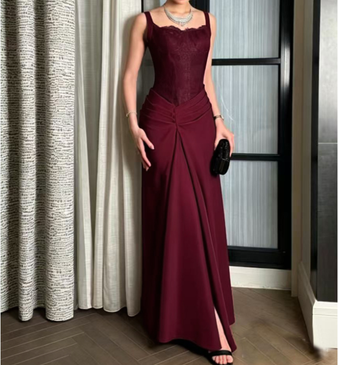 Women's Burgundy Lace V-Neck Slit Evening Maxi Dress
