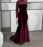 Women's Wine Red Lace Long Sleeve Fishtail Maxi Dress
