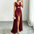 Women's Sequin Asymmetric Cutout Slit Maxi Dress