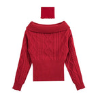 Women's Off Shoulder Beige Long Sleeve Pullover Women Autumn Loose Cable Knit Sweater Gentle Korean All Matching Top