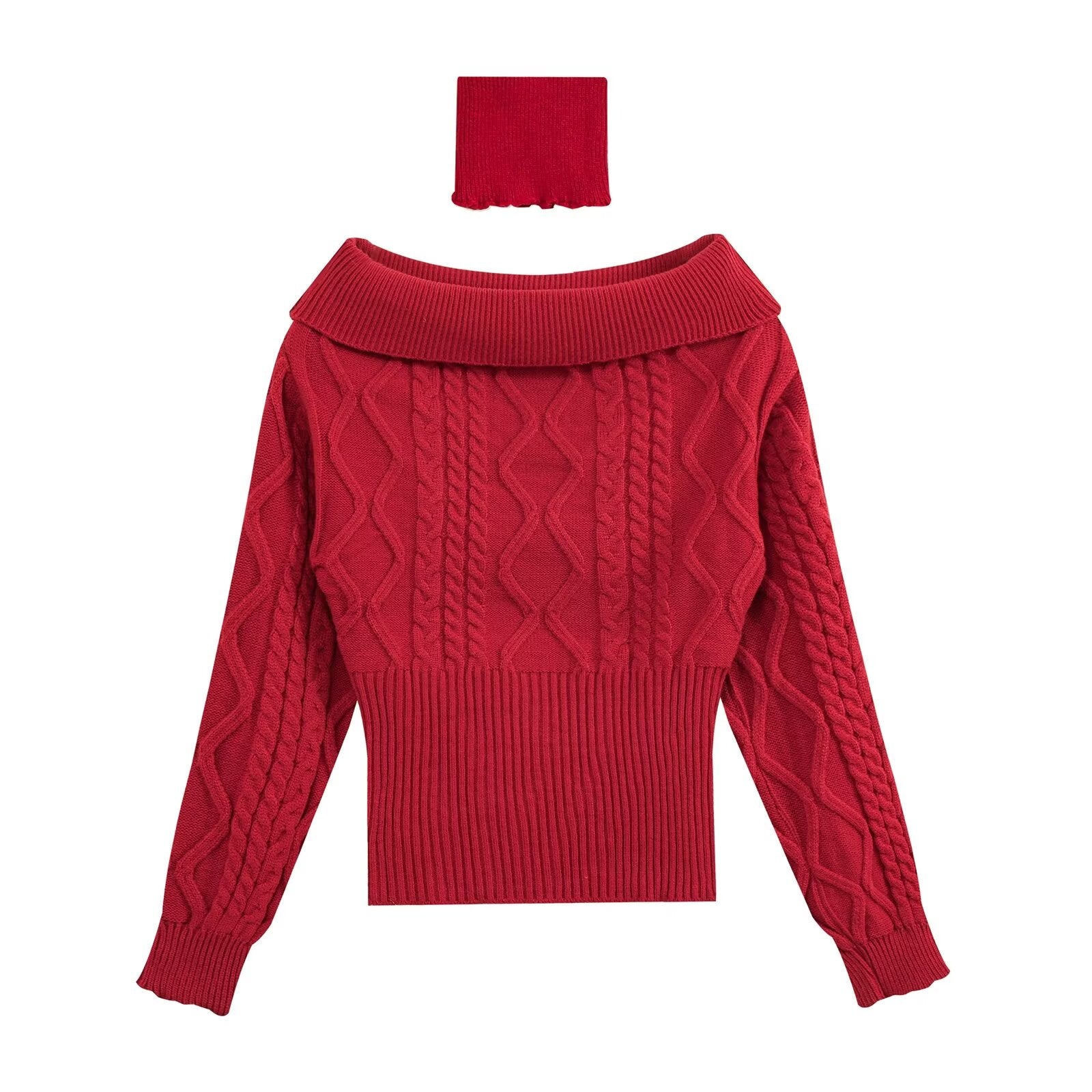 Women's Off Shoulder Beige Long Sleeve Pullover Women Autumn Loose Cable Knit Sweater Gentle Korean All Matching Top
