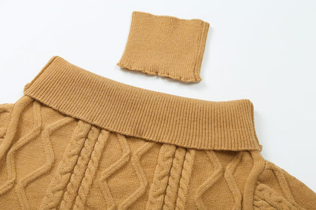 Women's Off Shoulder Beige Long Sleeve Pullover Women Autumn Loose Cable Knit Sweater Gentle Korean All Matching Top