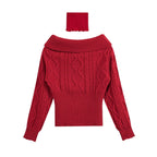 Women's Off Shoulder Beige Long Sleeve Pullover Women Autumn Loose Cable Knit Sweater Gentle Korean All Matching Top