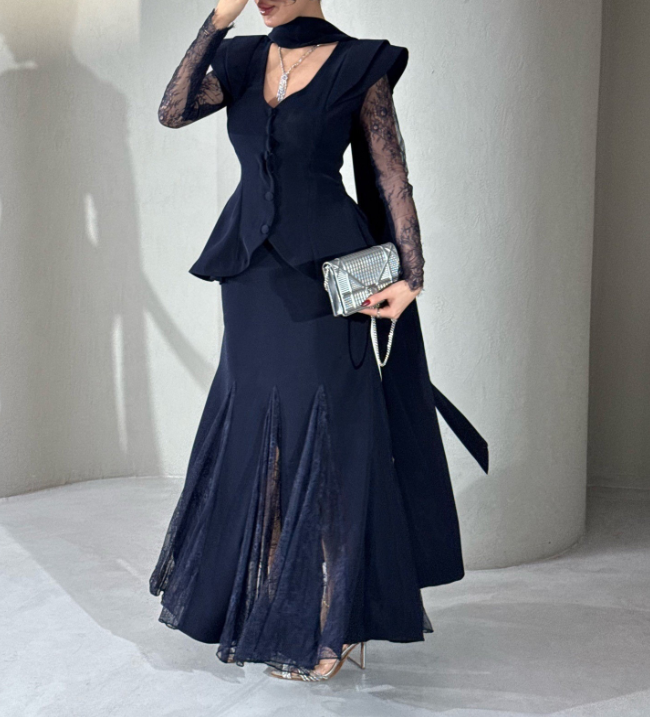 Women's Lace-Trim Long Sleeve Top & Midi Skirt Set