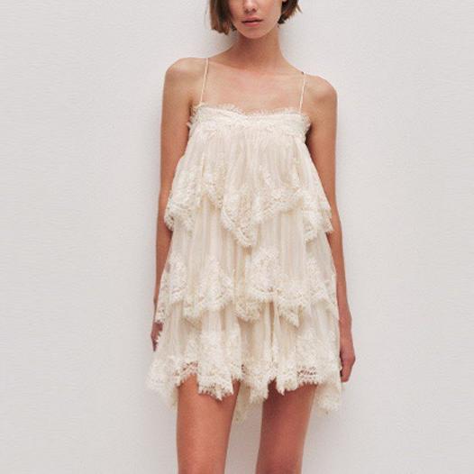 French Lace-Up Ruffle Tiered Mini Dress