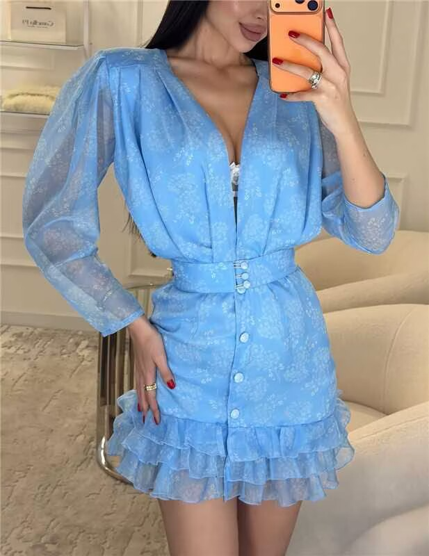 Women's Belted Ruffle Long Sleeve Mini Dress